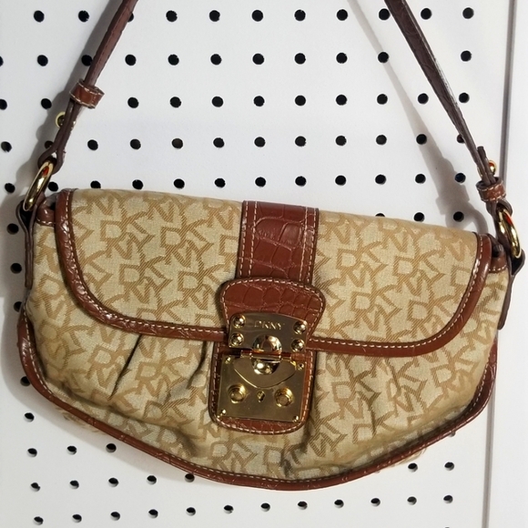 Dkny Handbags - DKNY Cappuccino/Brown Monogram Saddle Design Shoulder Bag